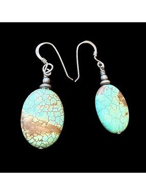 Vintage 925 Sterling Silver Turquoise Teardrop Dangle Earrings Hook Pierced